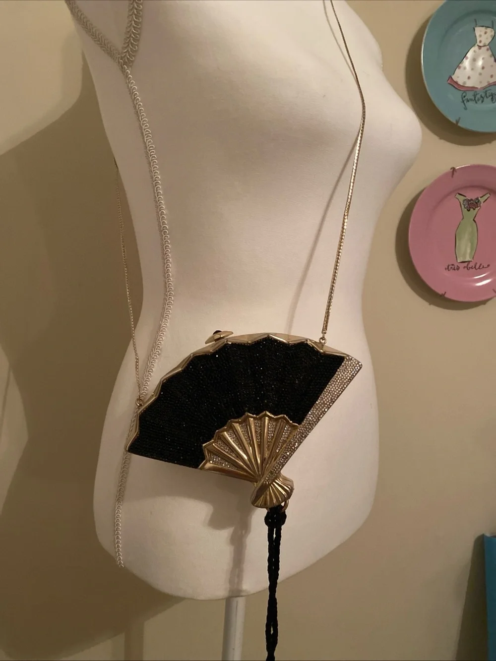 Vintage Judith Leiber Black, Gold & Silver Fan Minaudière
